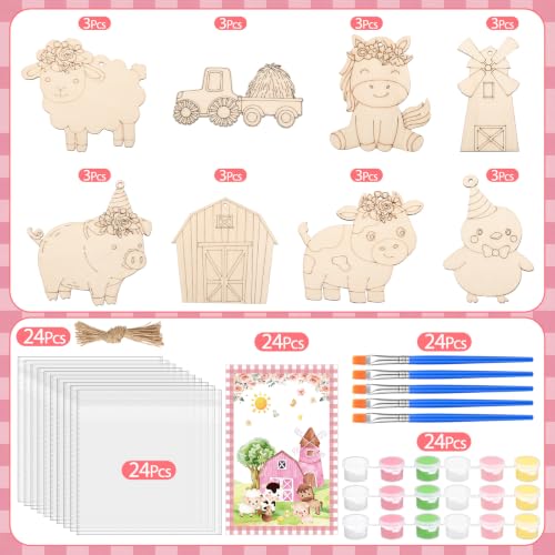 Saypacck 24 Pcs Party Favors Wooden Painting Craft Kits Birthday Party Supplies with Organza Bag for Goodie Bags Fillers Adult Thank You Gifts(Pink Farm) - style: Pink Farm