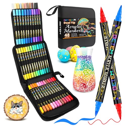 Betem 48 Colors Paint Markers for Glass, Dual Tip Acrylic Paint Pens - color: 48 Colors