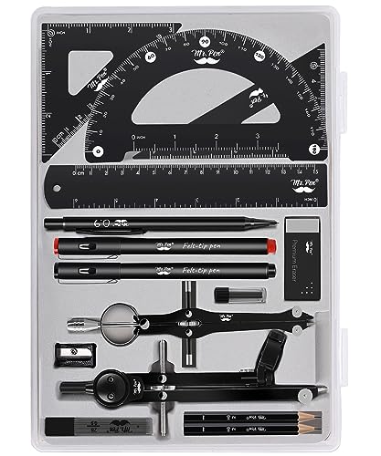 Mr. Pen- Professional Geometry Set, 15 pcs, Drafting Tools with Protractor | Compass, Metal Ruler, Triangles, Pens & Pencils, Complete Geometry & Drafting Kit for Architects, Engineers & Students - color: Black
