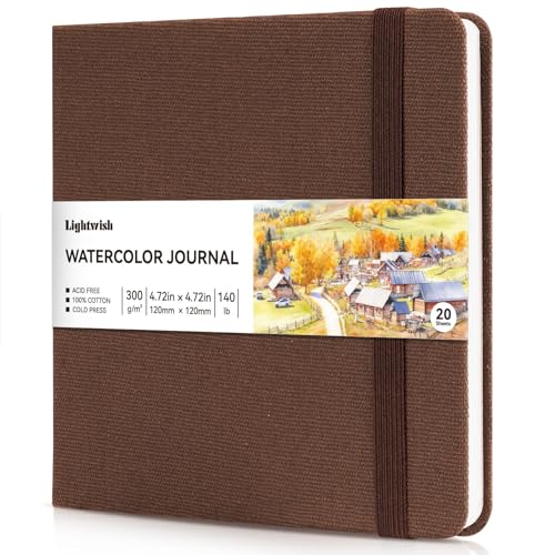 Watercolor Journal - 100% Cotton Cold Press Paper | 20 Sheets 40 Pages | 300GSM (140lb) | Linen Cotton Cover Watercolor Sketch Books for Artists Painting,Mixed Media 4.72 x 4.72 in - color: Brown, size: 4.7 x 4.7 in