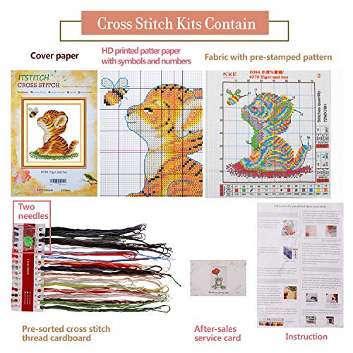 Printed Cross Stitch Kits 11CT 9X9 inch 100% Cotton Holiday Gift DIY Embroidery Starter Kits Easy Patterns Embroidery for Adults Crafts DMC Stamped Cross-Stitch Supplies Needlework Tiger and Bee - color: Stamped 15.8×15.8 inch