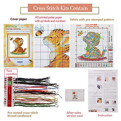 Printed Cross Stitch Kits 11CT 9X9 inch 100% Cotton Holiday Gift DIY Embroidery Starter Kits Easy Patterns Embroidery for Adults Crafts DMC Stamped Cross-Stitch Supplies Needlework Tiger and Bee - color: Stamped 15.8×15.8 inch
