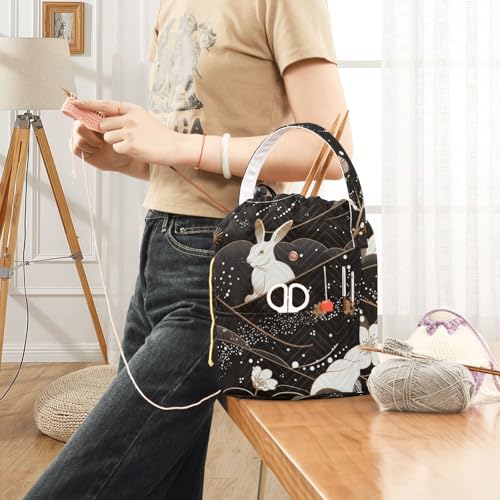 Bunny Chinese Style Yarn Bag Small Crochet Bag Drawstring Yarn Storage Organizer Knitting Project Bags Potable Yarn Holder with Holes Handle Crocheting Needles Knitting Accessories - color: Bunny Chinese Style