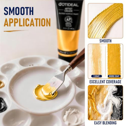 GOTIDEAL Metallic Gold Acrylic Paint Tubes(120ml, 4.1 oz) Gold Leaf Paint | Non Toxic, Non Fading, Rich Pigments,for Painters, Adults & Kids,Ideal for Canvas Wood Clay Fabric Ceramic Craft Supplies - color: Gold, style: Metallic