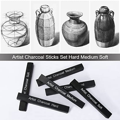 12 Pack Compressed Charcoal Sticks, Vine Charcoal Stick for Drawing, Sketching, Shading, Art Supplies Sketch Kits Tools Soft, Medium and Hard Grade - color: Black-12