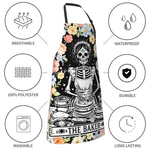 Funny Apron Polyester Grooming Aprons with Pocket for Cooking Kitchen Grilling Adults - color: Flower Skull Black