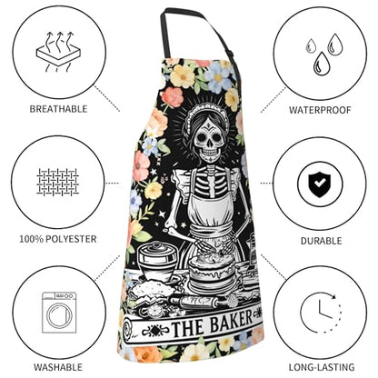 Funny Apron Polyester Grooming Aprons with Pocket for Cooking Kitchen Grilling Adults - color: Flower Skull Black