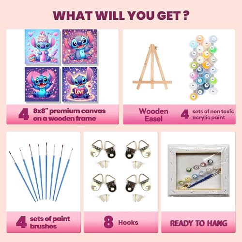 4 Pack Cartoon Paint by Numbers for Kids with Framed Canvas - Wooden Easel - color: BKH1281+BKH1282+BKH1283+BKH1284