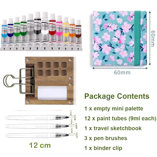 Portable Sketchbook Palette Set - 8 Grids Mini Wood Travel Paint Palette Box for Gouache, Acrylic Painting - Comes With Watercolor Paper Journal, Brush Pens and Clip