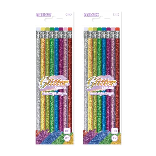 BAZIC PRODUCTS Metallic Glitter #2 Pencils, Eraser, 8 Count, 2-Pack | #2 HB lead, Glitter metallic barrels, eraser tops, school, gifts, party favors, fun everyday writing - size: 8 Count (Pack of 2)