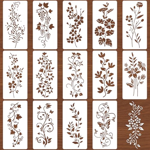 Flower Stencils for Crafts Reusable 15Pcs Stencils(11.8X5.9 Inch) | DIY Art Painting Stencil Furniture Decor Kit for Wood Embroidery Wall Silk Screen Journaling - color: Flower