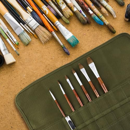 Green Canvas Paint Brush Holder Roll-up Case Bag, 22 Slots Pockets Carry Pouch Artist Brush Storage Organizer, 16.54" L x 12.99" W