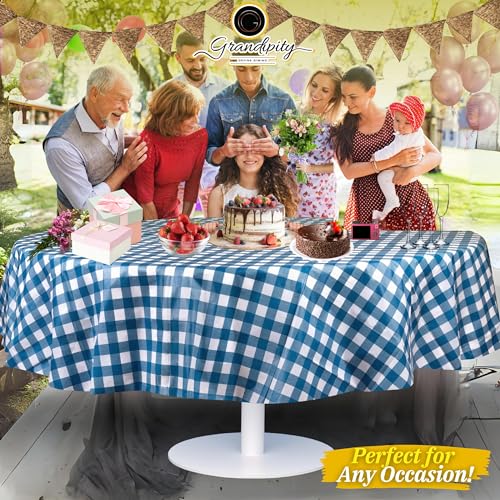 Grandipity Plastic Table Cloth Disposable 12 Pack 84" Round Gingham | Plastic table covers, durable disposable tablecloths, fade and tear-resistent table cover for party, event - color: Blue Gingham Checkered, size: 84in. Round