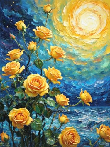 ZRIZQ Flowers Paint by Numbers Kit for Adults Beginner,Yellow Roses,16x20 | Full set with wooden brushes,rolled canvas,rich paints.Calming activity.Beginner friendly.Just open and paint. - color: 16"X20"Rolled Canvas(Frameless)-Flowers 1