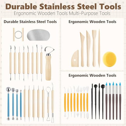 UUSYCUN 48PCS Pottery Tools for Sculpting, Clay Tool Kit for Carving, Modeling Ceramics, Pottery Kiln, Polymer Clay Tools for Trimming, Beginners, Pros, Adults, Supplies - color: Wood-48PCS