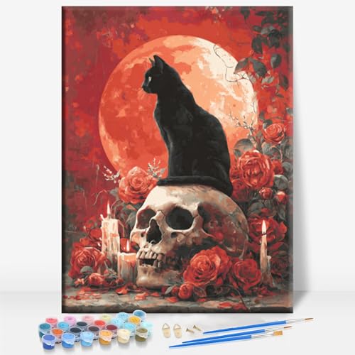 Aeontinity Skull Black CAT Halloween Gothic Framed Canvas DIY Paint by Numbers Kit Bar Cafe Cave Home Room Wall Bathroom Porch Patio Decor Gift, 16 x 12 Inch - color: SKULL BLACK CAT HALLOWEEN
