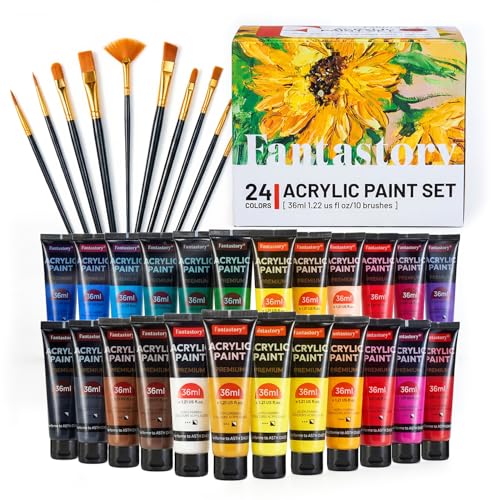 Fantastory 36ml 24 Colors Acrylic Paint Set with 10 Brushes | Excellent Coverage, High Light Fastness, Waterproof, Includes Extra White & Gold, for Canvas, Wood, Ceramics, Models - style: 24 Colors