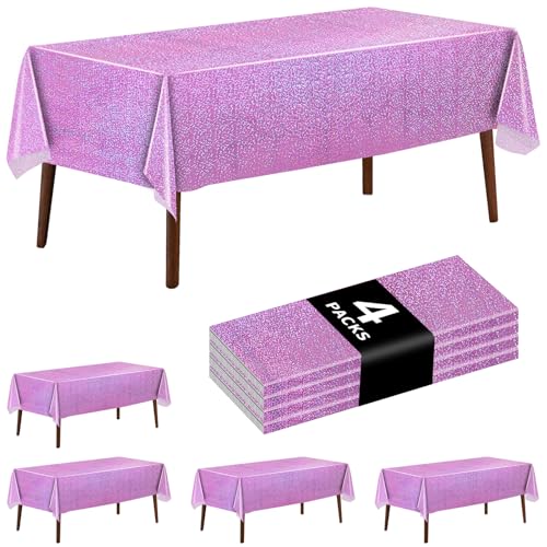 4 Pack Iridescent Plastic Pink Tablecloths Laser Table Covers Shiny Holographic Foil Tablecloth Disposable Rectangle Table Covers for Birthday Wedding Christmas Holiday Party Decorations 54x108 Inch - color: Pink