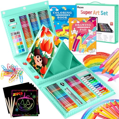 iBayam Art Supplies for Adult, Art Set Case, Trifold Easel, Scratch Paper | Sketch Pad, Coloring Book, Crayons, Pencils, Oil Pastels, Watercolors, Sharpener, Arts and Crafts for kids 4-16 Year Old - color: Green