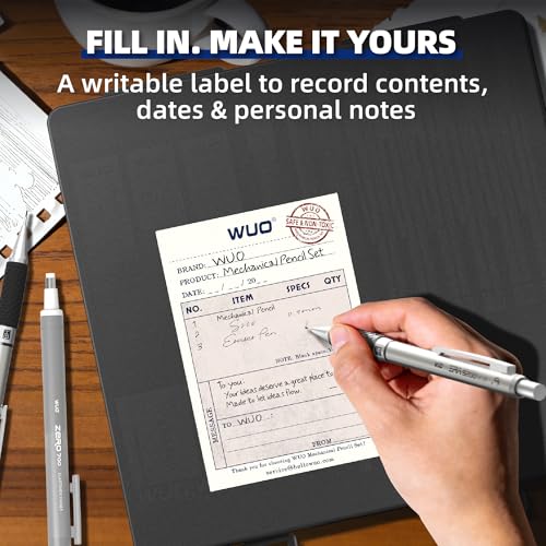 WUO 0.9 mm Mechanical Pencil Set with Eraser Pen Storage Case, 6 PCS | Metal Drafting Pencils, 360 HB Lead Refills, 3x4B Erasers, 12 Eraser Refills for School Artist Writing Drawing Sketching - color: Black 6 - 0.9mm (6 Pack)