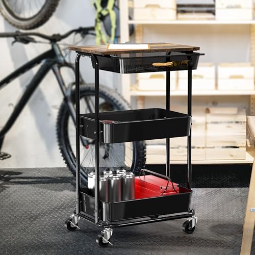 Simple Houseware 3-Tier Utility Cart with Drawer & Wood Top, Rustic Brown - color: Rustic Brown