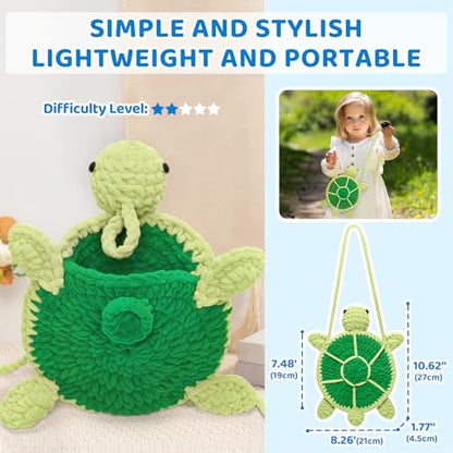 Mewaii Turtle Crossbody Bag Crochet Kit for Beginners, 40% Extra Yarn - color: Dark Green