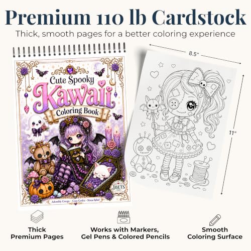 Cute Spooky Kawaii Coloring Book for Adults | Bold and Easy, Top Spiral Bound, 24 Images, Color Test Sheet, Mini Cozy Coloring Book and Pencil Sharpener Included, 8.5" x11"