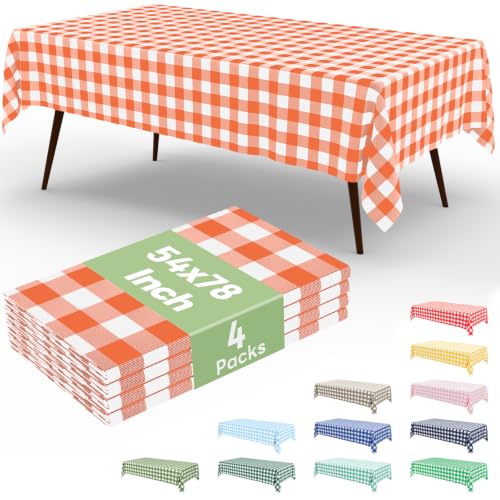 misaya 4 Packs 54 x 78 Inch Buffalo Disposable Table Cloth, Waterproof Plastic Tablecloth, Rectangle Orange and White Checkered Table Covers for Picnic, Birthday, Party - color: Orange and White, size: 54" X 78"