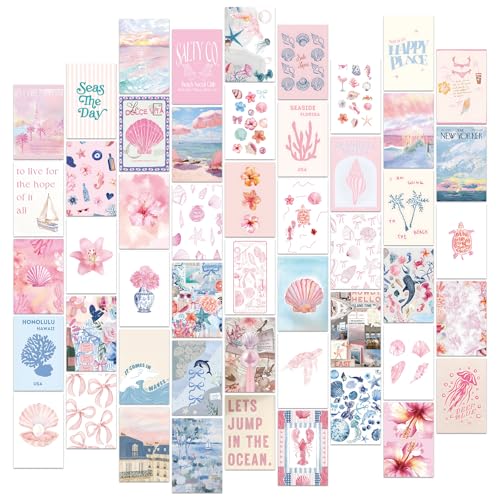 FYSUIMU 50Pcs Coastal Wall Collage Kit Pink Blue Coastal Beach Seashell Art Print Preppy Room Decor Aesthetic Pictures for Bedroom Wall Dorm Home Decor, 4 x 6 Inch - color: Pink Coastal