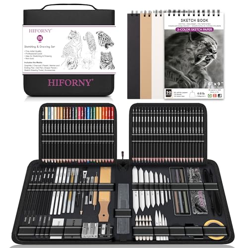 HIFORNY 126 PCS Drawing Kit Sketching Pencil Set,Sketch Pencils Art Supplies with 3-Color Sketchbook,Graphite,Charcoal,Blending Tools,Drawing Pencils for Adults Artists in Zipper Case