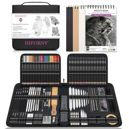 HIFORNY 126 PCS Drawing Kit Sketching Pencil Set,Sketch Pencils Art Supplies with 3-Color Sketchbook,Graphite,Charcoal,Blending Tools,Drawing Pencils for Adults Artists in Zipper Case