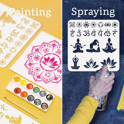 21 Styles Chakras Yoga Stencils for Painting, 11.8"x11.8" Reusable Free Combined Stencil Drawing Templates, Mandala Flower DIY Craft Paint Templates for Wall Home Decor Canvas Journal Card - style: Yoga