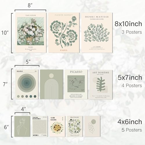Aroutde Sage Green Room Decor Aesthetic Matisse Wall Art Posters, Artist Sage Green Wall Decor Matisse Gallery Pictures Set for Teen Bedroom Decor 12Pcs (Unframed) - color: Sage Green