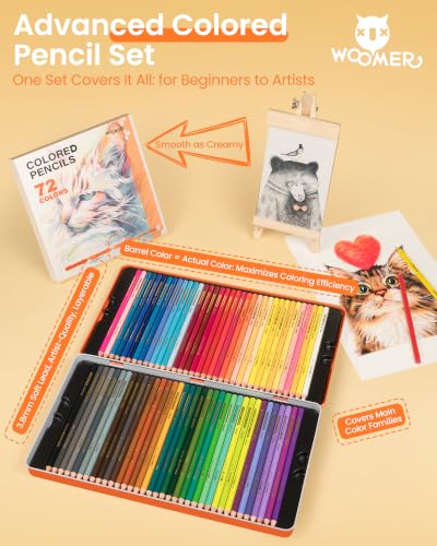 Woomer Colored Pencils 72 Colors, Smooth as Cream Core 3.8mm, Open Stock | High Pigment, Pro Blending & Layering, Metal Tin, Adult Coloring, Vivid Color Output in Nature Illustration - color: 72 Colors