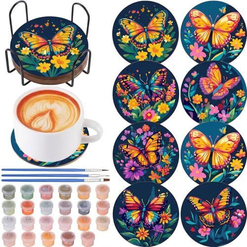 Reallnaive 8 Pcs Butterfly Flower Paint by Numbers Kit Coaster for Adults - style: Butterfly Flowers