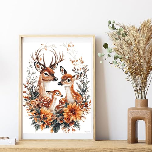 MIJVFNB DIY Cross Stitch Kit for Beginners Family of Deer with Fawn in Autumn Floral Wreath 11CT Embroidery Kit with Pattern Stamped Needlepoint Craft Kit 30x40cm