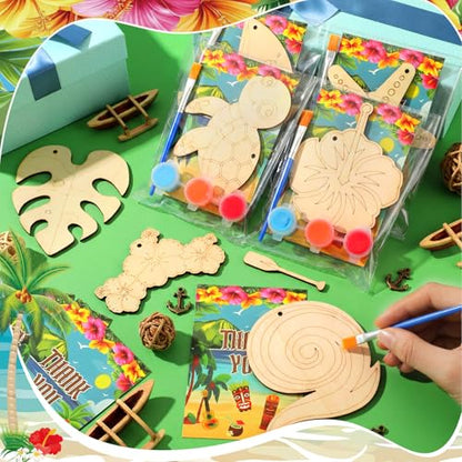 Saypacck 24 Pcs Hawaiian Party Favors Wooden Paint Craft Kits | Summer Tropical Party, Wooden DIY Painting Activity Sets with Organza Bags, Goodie Bag Fillers for Kids Guests - style: Hawaiian