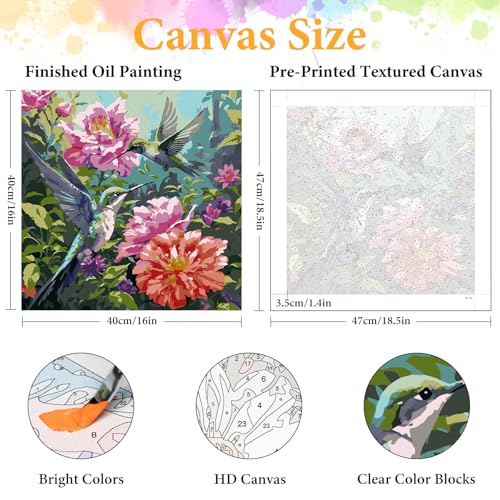 Paint by Numbers Kit for Adults, Hummingbird & Blooming Flowers, 16x16 Inch | DIY Acrylic Painting Kit on Canvas for Beginners, Relaxing Arts & Crafts for Stress Relief, Home Wall Decor & Gift - color: HMOP25301