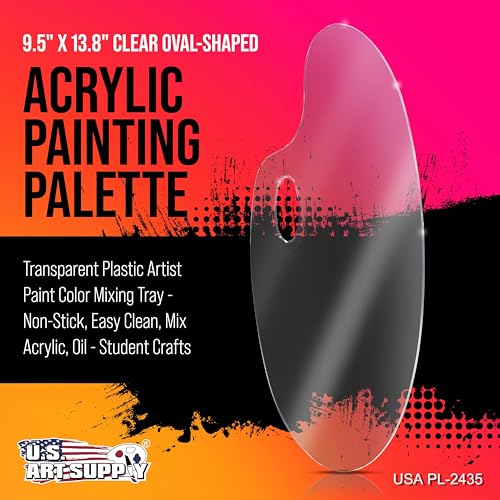 U.S. Art Supply 9" x 13.8" Clear Oval Acrylic Painting Palette | Artists Transparent Plastic Mixing Paint Palette Tray - Non-Stick Surface for Acrylic and Oil Paint - size: 9.5-inch x 13.8-inch