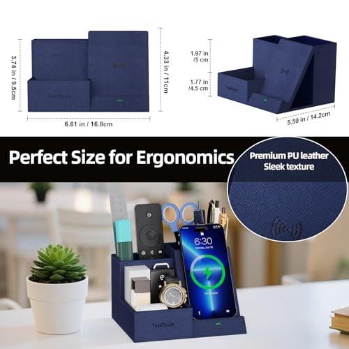 TopMade Wireless Charger with Desk Nightstand Organizer, Leather Pen Pencil Holder Bedside Fast Charging Station, for iphone Charging Stand Office Supplies Desk Accessories, Gifts for Men(Blue) - color: Blue