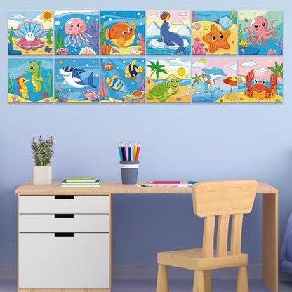 Anseal 12 Packs Pre Drawn Canvas to Paint, 4" X 4" Ocean Pre-Printed Paint Party, Pre Stretched Canvas Outline Painting Boards for Beginners, Party Favor - style: Ocean