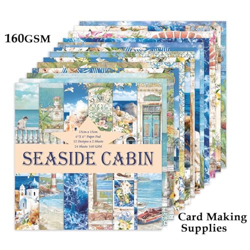 Scrapbook Paper, 24 Sheets 6"×6" 160gsm Single-Sided Patterned Cardstock - color: 24 sheets-seaside cabin