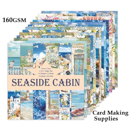 Scrapbook Paper, 24 Sheets 6"×6" 160gsm Single-Sided Patterned Cardstock - color: 24 sheets-seaside cabin
