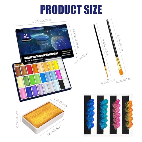 6ML Shimmer Watercolor Paint Set, 24 Colors Glitter Metallic Watercolour Painting Sets, Solid Pearl Water Color Paints for Artists, Amateur Hobbyists and Painting (24 Colours) - color: 24 Colours（6ml）