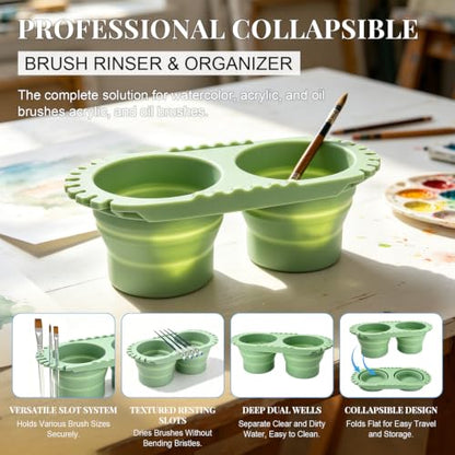 Paint Brush Cleaner Foldable Silicone Cleaning Container 8.8x4.2in, Brush Washing Station for Acrylic Oil Watercolor Painting, Artist Cleaner Tool for Students & Artists, Gift, Green - color: Green