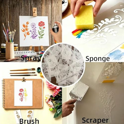 32 Pcs Wildflower Stencils for Painting on Wood, Reusable Flower Leaf Stencils, Plastic DIY Craft Drawing Templates Set for Wall Paper, Canvas, Rock Art and Home Furniture Decor