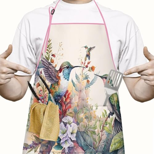 Apron with 2 Pockets,Kitchen Chef Artist Aprons for Cooking Gardening Baking Painting, Waterproof Apron 33" x 27" - color: Hummingbird