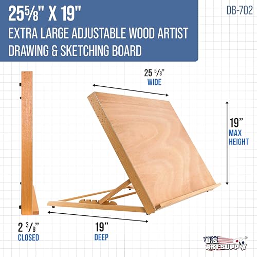 U.S. Art Supply X-Large 25-5/8" x 19" (A2) Wooden Drawing Board, Adjustable Table Top Easel for Painting and Drawing - Drafting Board with 6 Angles, Pencil Ledge, Locking Storage Drawer - size: Extra-Large