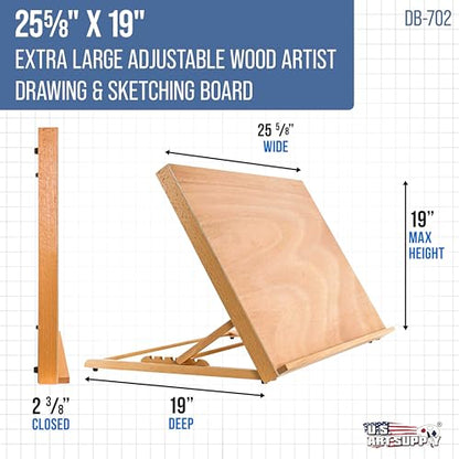 U.S. Art Supply X-Large 25-5/8" x 19" (A2) Wooden Drawing Board, Adjustable Table Top Easel for Painting and Drawing - Drafting Board with 6 Angles, Pencil Ledge, Locking Storage Drawer - size: Extra-Large