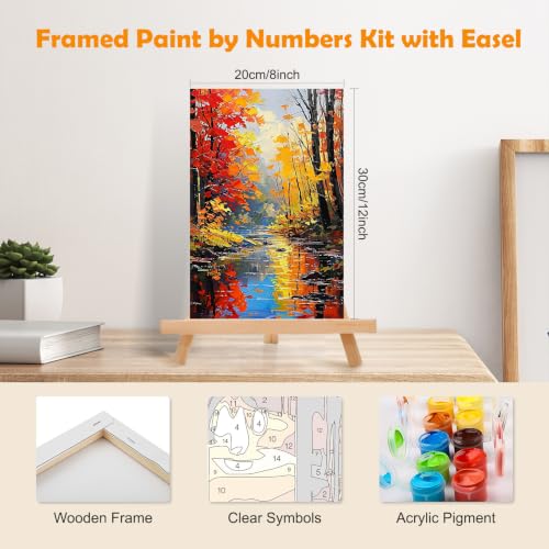 MOGTAA Fall Paint by Numbers Kit for Adults Beginners with Frame, Landscape Adult Paint by Number Kits on Canvas with Easel, Easy DIY Autumn Oil Painting Kits for Home Decor, 8x12in - color: Landscape